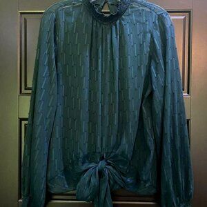 Express Hunter Green Mock Neck Tie Waist Sheer Metallic Career Blouse Sz Small